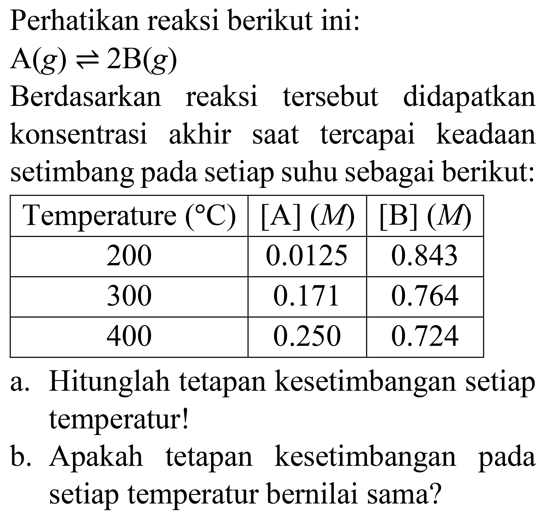 Perhatikan reaksi berikut ini:
 A(g) leftharpoons 2 ~B(g) 
Berdasarkan reaksi tersebut didapatkan konsentrasi akhir saat tercapai keadaan setimbang pada setiap suhu sebagai berikut:

 Temperature  ({ ) C)   { [A](M) )  { [B](M) ) 
 200   0.0125    0.843  
 300   0.171    0.764  
 400   0.250    0.724  


a. Hitunglah tetapan kesetimbangan setiap temperatur!
b. Apakah tetapan kesetimbangan pada setiap temperatur bernilai sama?