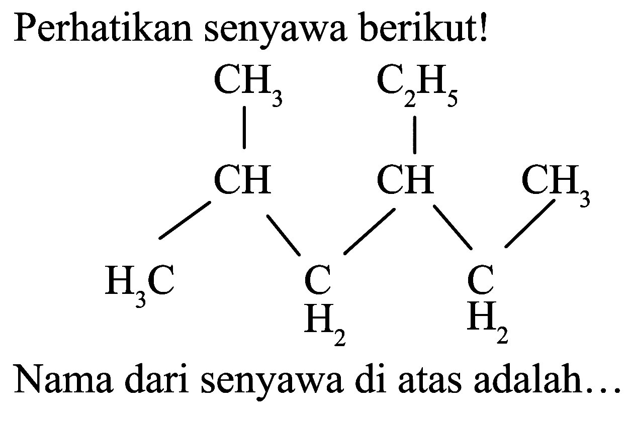 Perhatikan senyawa berikut!
CH3 C2H5 CH CH CH H3C CH2 CH2
Nama dari senyawa di atas adalah..