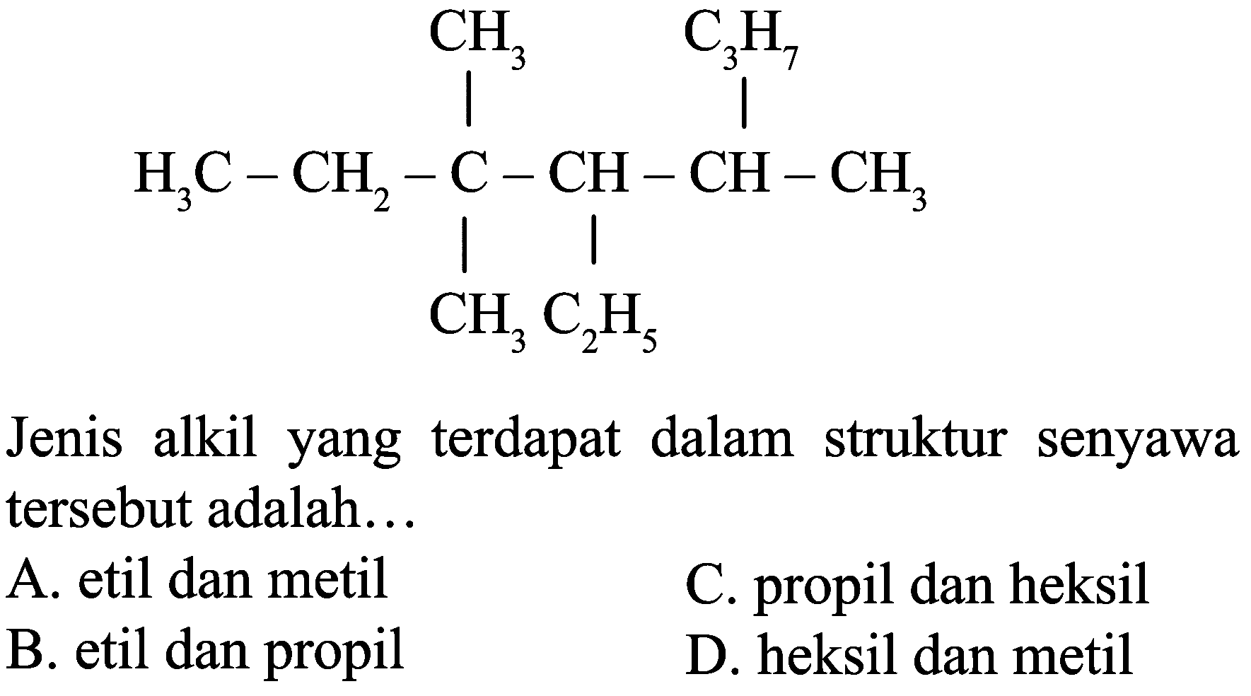 CH3 C3H7 H3C CH2 C CH CH CH3 CH3 C2H5
Jenis alkil yang terdapat dalam struktur senyawa tersebut adalah...
A. etil dan metil
C. propil dan heksil
B. etil dan propil
D. heksil dan metil