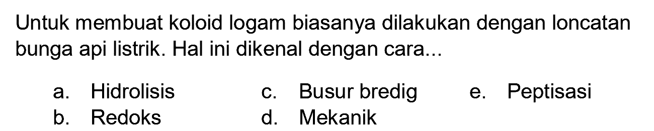 Untuk membuat koloid logam biasanya dilakukan dengan loncatan bunga api listrik. Hal ini dikenal dengan cara...
a. Hidrolisis
c. Busur bredig
e. Peptisasi
b. Redoks
d. Mekanik