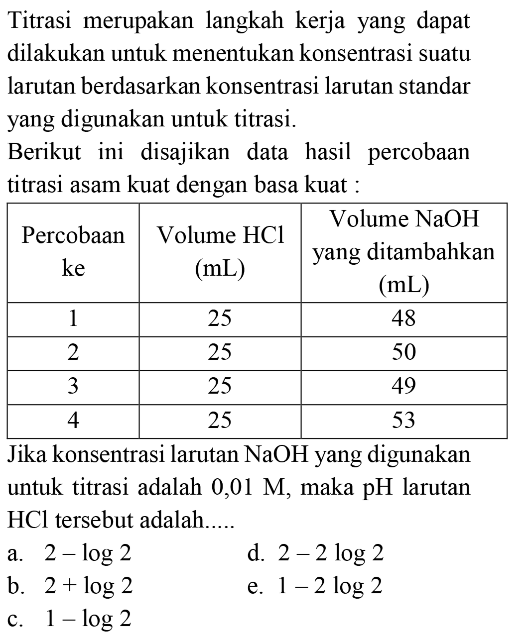 Titrasi merupakan langkah kerja yang dapat dilakukan untuk menentukan konsentrasi suatu larutan berdasarkan konsentrasi larutan standar yang digunakan untuk titrasi.

Berikut ini disajikan data hasil percobaan titrasi asam kuat dengan basa kuat :

 Percobaan  ke   Volume  HCl   (mL)   Volume  NaOH  yang ditambahkan  (mL)  
 1  25  48 
 2  25  50 
 3  25  49 
 4  25  53 


Jika konsentrasi larutan  NaOH  yang digunakan untuk titrasi adalah  0,01 M , maka  pH  larutan  HCl  tersebut adalah.....
