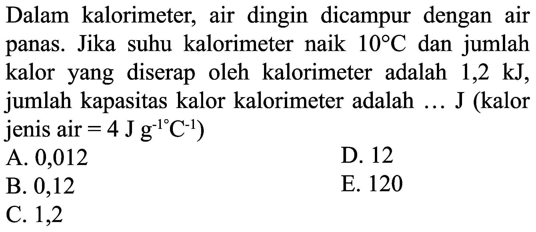 Dalam kalorimeter, air dingin dicampur dengan air panas. Jika suhu kalorimeter naik  10 C  dan jumlah kalor yang diserap oleh kalorimeter adalah 1,2 kJ, jumlah kapasitas kalor kalorimeter adalah ... J (kalor jenis air  =4 J g^(-1) C^(-1)  )