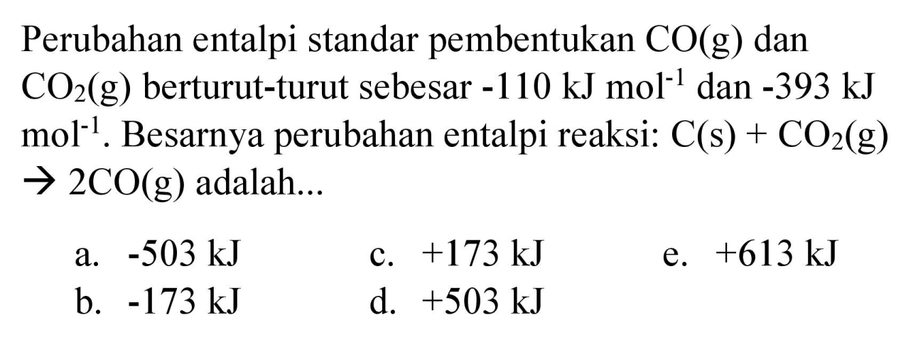 Perubahan entalpi standar pembentukan  CO(g)  dan  CO_(2)(g)  berturut-turut sebesar  -110 ~kJ mol^(-1)  dan  -393 ~kJ^(2)   mol^(-1) . Besarnya perubahan entalpi reaksi:  C(s)+CO_(2)(g)   -> 2 CO(g)  adalah...