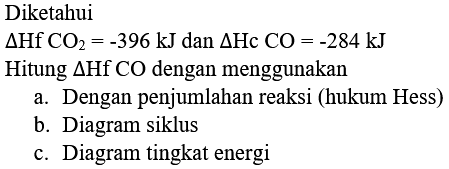 Diketahui
 Delta Hf  CO_(2)=-396 kJ  dan  Delta Hc CO=-284 kJ 
Hitung  Delta Hf CO  dengan menggunakan
a. Dengan penjumlahan reaksi (hukum Hess)
b. Diagram siklus
c. Diagram tingkat energi