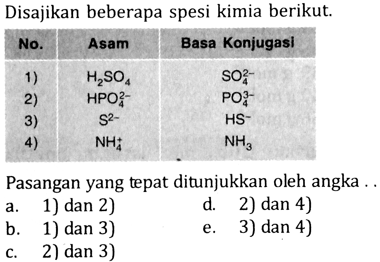 Disajikan beberapa spesi kimia berikut.

 No.  Asam  Basa Konjugasi 
 1)   H2 SO4    SO4^(2-)  
2)   HPO4^(2-)    PO4^(3-)  
3)   S^(2-)    HS^(-)  
4)   NH2^(+)    NH2 

Pasangan yang tepat ditunjukkan oleh angka .
a. 1) dan 2)
d. 2) dan 4)
b. 1) dan 3)
e. 3) dan 4)
c. 2) dan 3)