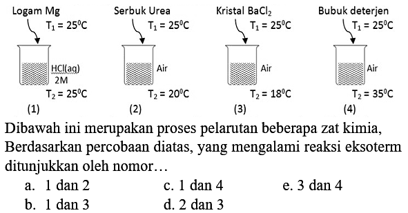 (1) logam Mg T1 = 25 C HCl (aq) 2M T2 =25 C
(2) Serbuk Urea T1=25 C Air T2=20 C
(3) Kristal BaCl2 T1=25 C Air T2=18 C
(4)Bubuk deterjen T1=25 C Air T2=35 C
Dibawah ini merupakan proses pelarutan beberapa zat kimia, Berdasarkan percobaan diatas, yang mengalami reaksi eksoterm ditunjukkan oleh nomor...
a.  1 dan 2 
c. 1 dan 4
e.  3 dan 4 
b.  1 dan 3 
d. 2 dan 3