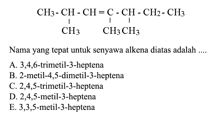 Perhatikan reaksi kimia berikut!
1) (CH3)2C=CHCH3 + HCl - > (CH3)2C - CHCH3 Cl H 2) C3H8 + F2 - > C3H7F + HF 3) CH3 - CH2 - CH2 - CH3 - > CH3 - CH2 - CH = CH2 + H2 Reaksi 1), 2), dan 3) secara berturut-turut merupakan reaksi...
a. Adisi, eliminasi, dan substitusi
b. Adisi, substitusi, dan eliminasi
c. Substitusi, adisi dan eliminasi
d. Substitusi, eliminasi, dan adisi
e. Eliminasi, substitusi, adisi