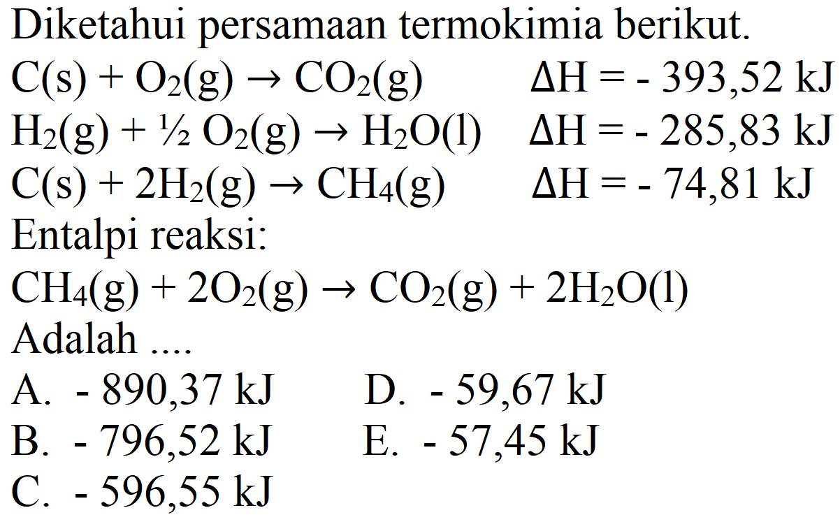 Diketahui persamaan termokimia berikut.


C(s)+O_(2)(g) -> CO_(2)(g)  Delta H=-393,52 ~kJ 
H_(2)(g)+1 / 2 O_(2)(g) -> H_(2) O(l)  Delta H=-285,83 ~kJ 
C(s)+2 H_(2)(g) -> CH_(4)(g)  Delta H=-74,81 ~kJ 
 { Entalpi reaksi: )  
CH_(4)(g)+2 O_(2)(g) -> CO_(2)(g)+2 H_(2) O(l) 
 { Adalah ) ... . .  