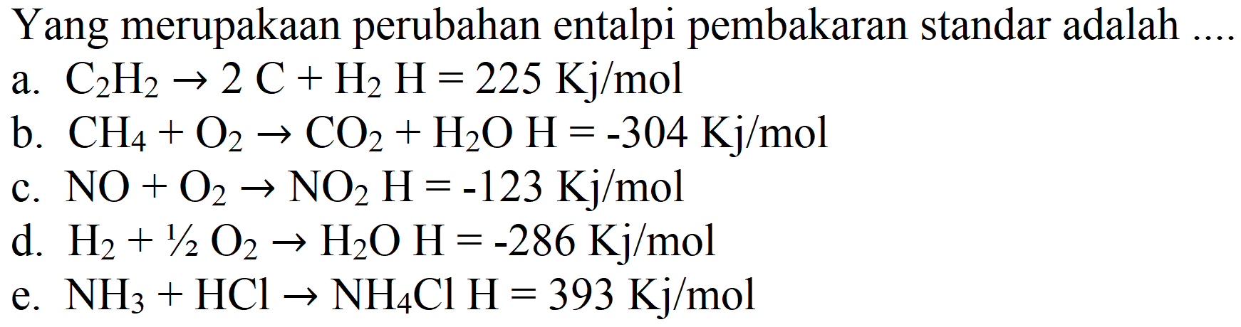 Yang merupakaan perubahan entalpi pembakaran standar adalah
a.  C_(2) H_(2) -> 2 C+H_(2) H=225 Kj / mol 
b.  CH_(4)+O_(2) -> CO_(2)+H_(2) OH=-304 Kj / mol 
c.  NO+O_(2) -> NO_(2) H=-123 Kj / mol 
d.  H_(2)+1 / 2 O_(2) -> H_(2) OH=-286 Kj / mol 
e.  NH_(3)+HCl -> NH_(4) Cl H=393 Kj / mol 