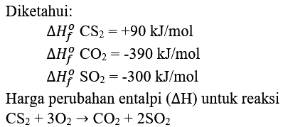 Diketahui:


Delta H_(f)^(o) CS_(2)=+90 ~kJ / mol 
Delta H_(f)^(o) CO_(2)=-390 ~kJ / mol 
Delta H_(f)^(o) SO_(2)=-300 ~kJ / mol


Harga perubahan entalpi  (Delta H)  untuk reaksi  CS_(2)+3 O_(2) -> CO_(2)+2 SO_(2) 