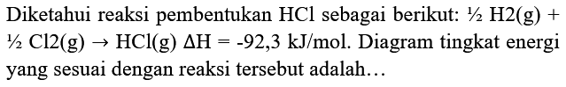 Diketahui reaksi pembentukan  HCl  sebagai berikut:  1 / 2 H 2(g)+   1 / 2 Cl 2(g) -> HCl(g) segitiga H=-92,3 ~kJ / mol . Diagram tingkat energi yang sesuai dengan reaksi tersebut adalah...