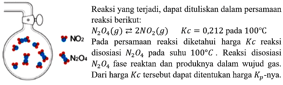 Reaksi yang terjadi, dapat dituliskan dalam persamaan reaksi berikut:
 N2O4 (g) <=> 2 NO2 (g) Kc=0,212 pada 100 C 
 Pada persamaan reaksi diketahui harga  Kc reaksi disosiasi N2O4 pada suhu 100 C. Reaksi disosiasi N2O4 fase reaktan dan produknya dalam wujud gas. Dari harga Kc tersebut dapat ditentukan harga Kp-nya. NO2 N2O4