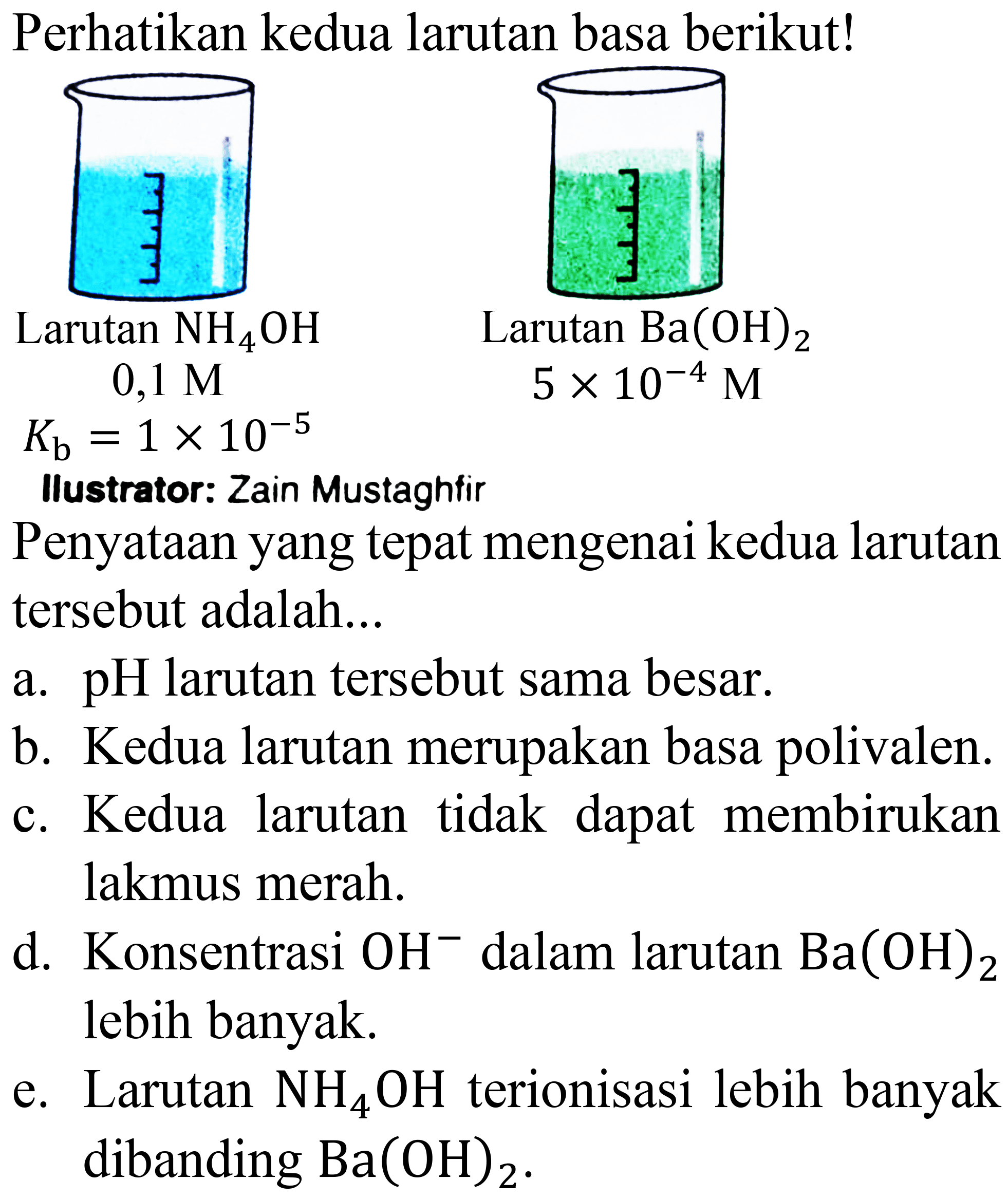 Perhatikan kedua larutan basa berikut!
Ilustrator: Zain Mustaghfir
Penyataan yang tepat mengenai kedua larutan tersebut adalah...
a. pH larutan tersebut sama besar.
b. Kedua larutan merupakan basa polivalen.
c. Kedua larutan tidak dapat membirukan lakmus merah.
d. Konsentrasi  OH^(-) dalam larutan  Ba(OH)_(2)  lebih banyak.
e. Larutan  NH_(4) OH  terionisasi lebih banyak dibanding  Ba(OH)_(2) .