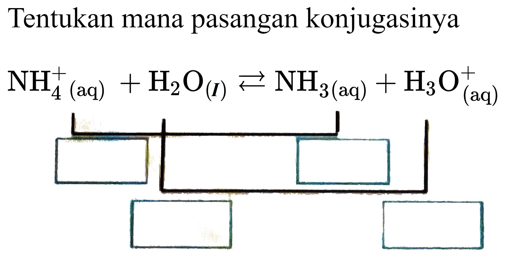 Tentukan mana pasangan konjugasinya 

NH4^+ (aq) + H2O(l) <==> NH3(aq) + H3O^+(aq)