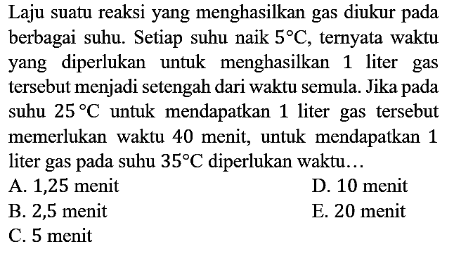 Laju suatu reaksi yang menghasilkan gas diukur pada berbagai suhu. Setiap suhu naik 5 C, ternyata waktu yang diperlukan untuk menghasilkan 1 liter gas tersebut menjadi setengah dari waktu semula. Jika pada suhu 25 C untuk mendapatkan 1 liter gas tersebut memerlukan waktu 40 menit, untuk mendapatkan 1 liter gas pada suhu 35 C diperlukan waktu...