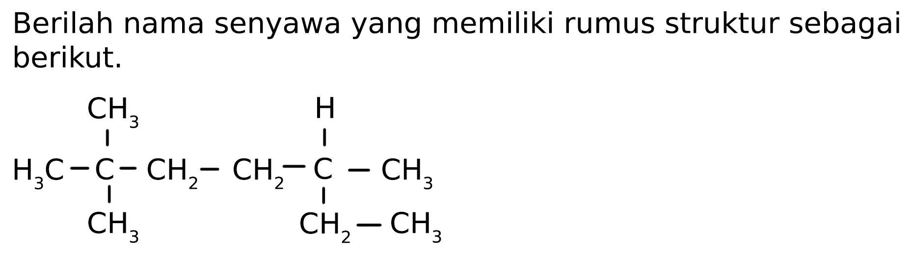 Berilah nama senyawa yang memiliki rumus struktur sebagai berikut.
CCH3 C3C C CH2 C CH3
CH3 CH2 CH3