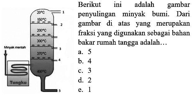 { Berikut ini adalah gambar )   { penyulingan minyak bumi. Dari )   { gambar di atas yang merupakan )   { fraksi yang digunakan sebagai bahan )   { bakar rumah tangga adalah... )   { Tungku )   { a. ) 5    { b. ) 4   { c. ) 3   { d. ) 2   { e. ) 1