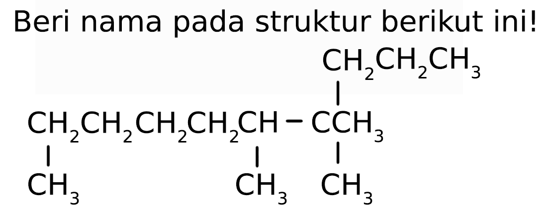 Beri nama pada struktur berikut ini!
CCCCCC(C)C(C)(C)CCC