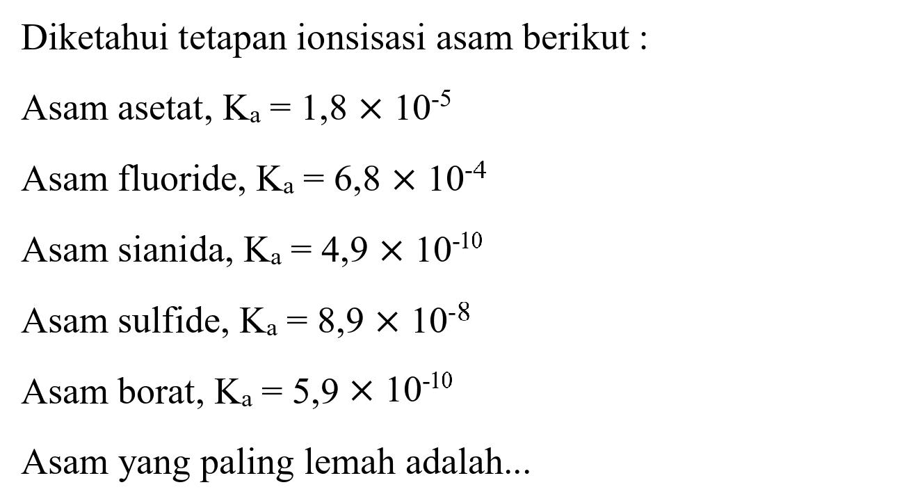 Diketahui tetapan ionsisasi asam berikut :
Asam asetat, Ka = 1,8 x 10^(-5) Asam fluoride, Ka = 6,8 x 10^(-4) Asam sianida, Ka = 4,9 x 10^(-10) Asam sulfide, Ka = 8,9 x 10^(-8) Asam borat, Ka = 5,9 x 10^(-10) Asam yang paling lemah adalah... 