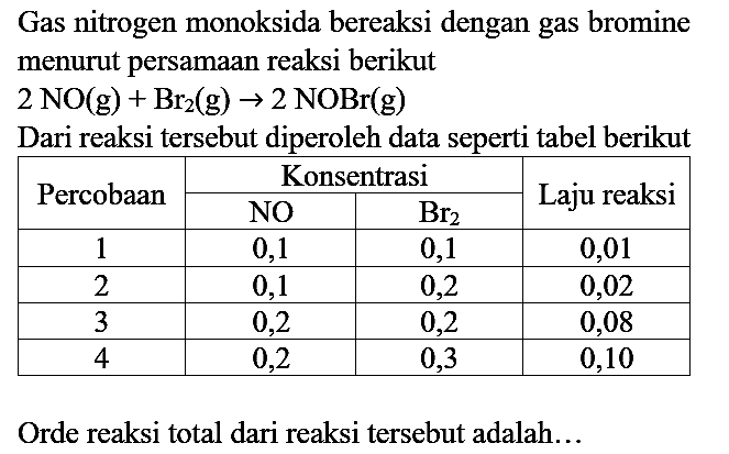 Gas nitrogen monoksida bereaksi dengan gas bromine menurut persamaan reaksi berikut  2 NO(g)+Br_(2)(g) -> 2 NOBr(g) 
Dari reaksi tersebut diperoleh data seperti tabel berikut

 {2)/(*)/( Percobaan )  {2)/(|c|)/( Konsentrasi )  {2)/(*)/( Laju reaksi ) 
 { 2 - 4 )   NO    Br_(2)   
 1  0,1  0,1  0,01 
 2  0,1  0,2  0,02 
 3  0,2  0,2  0,08 
 4  0,2  0,3  0,10 


Orde reaksi total dari reaksi tersebut adalah...