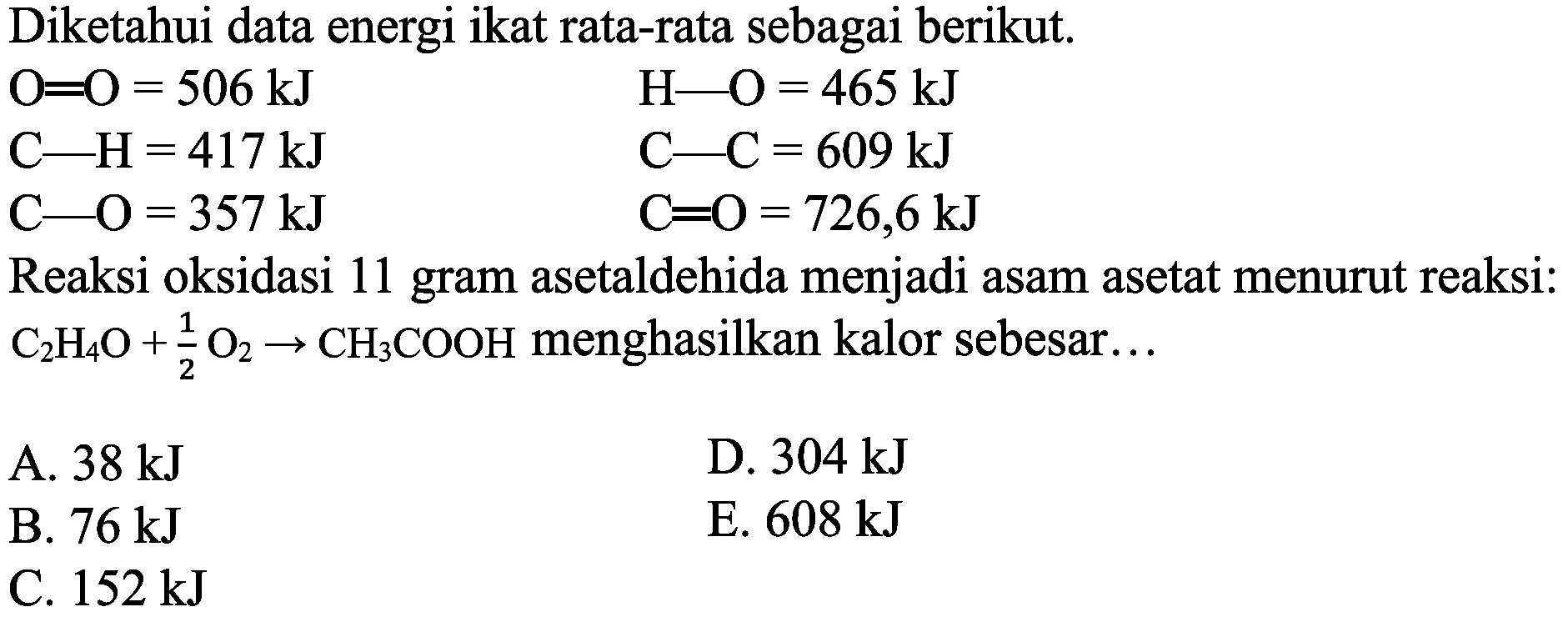 Diketahui data energi ikat rata-rata sebagai berikut.


O=O=506 ~kJ  H-O=465 ~kJ 
C-H=417 ~kJ  C-C=609 ~kJ 
C-O=357 ~kJ  C=O=726,6 ~kJ


Reaksi oksidasi 11 gram asetaldehida menjadi asam asetat menurut reaksi:  C_(2) H_(4) O+(1)/(2) O_(2) -> CH_(3) COOH  menghasilkan kalor sebesar...