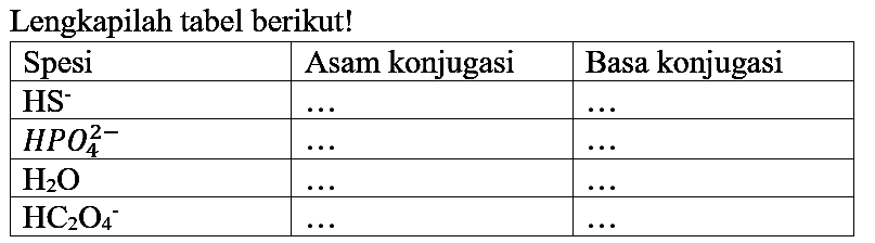 Lengkapilah tabel berikut!

 Spesi  Asam konjugasi  Basa konjugasi 
  HS^(-)    ...    ...  
  HPO_(4)^(2-)    ...    ...  
  H_(2) O    ...    ...  
  HC_(2) O_(4)^(-)    ...    ...  

