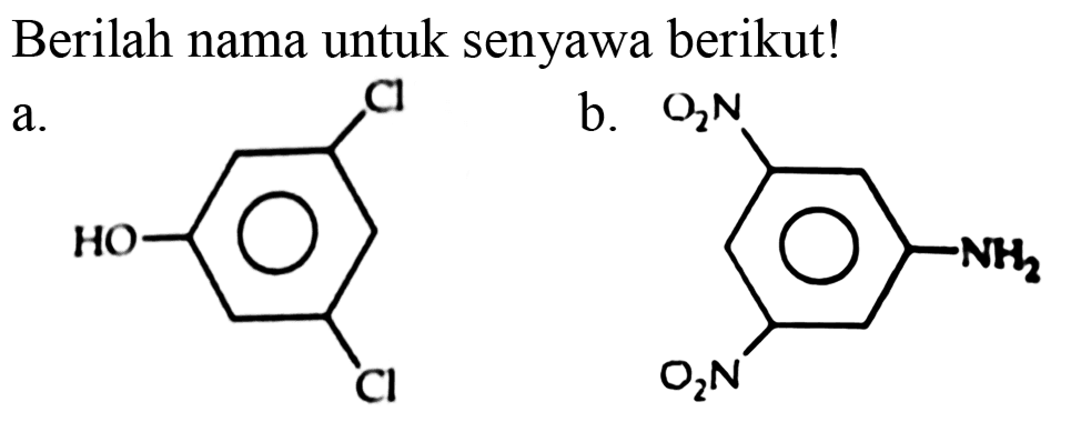 Berilah nama untuk senyawa berikut!
a. HO Cl Cl 
b. O2N O2N NH2 