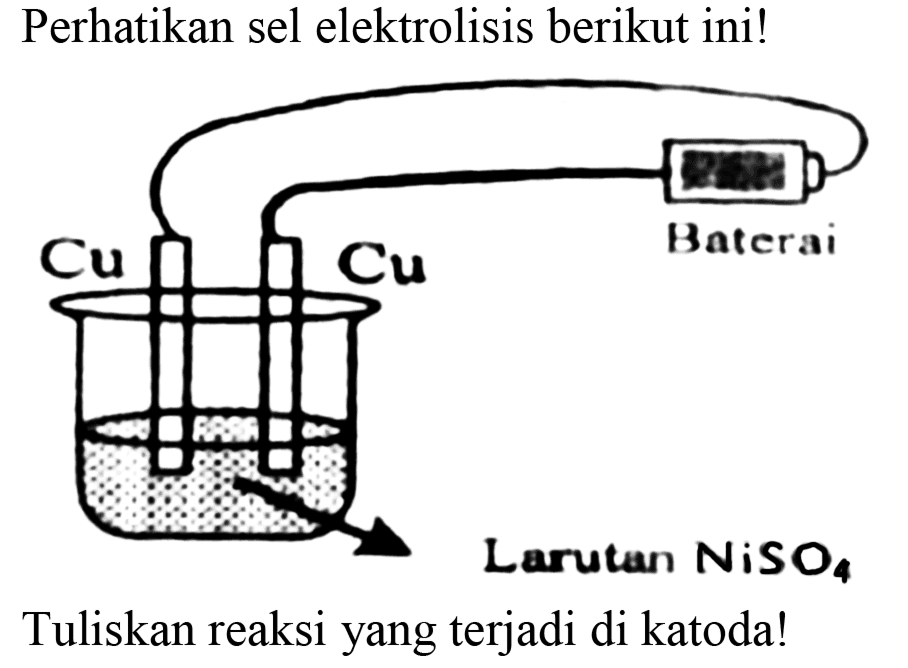 Perhatikan sel elektrolisis berikut ini!
Cu Cu Larutan NiSO4
Tuliskan reaksi yang terjadi di katoda!