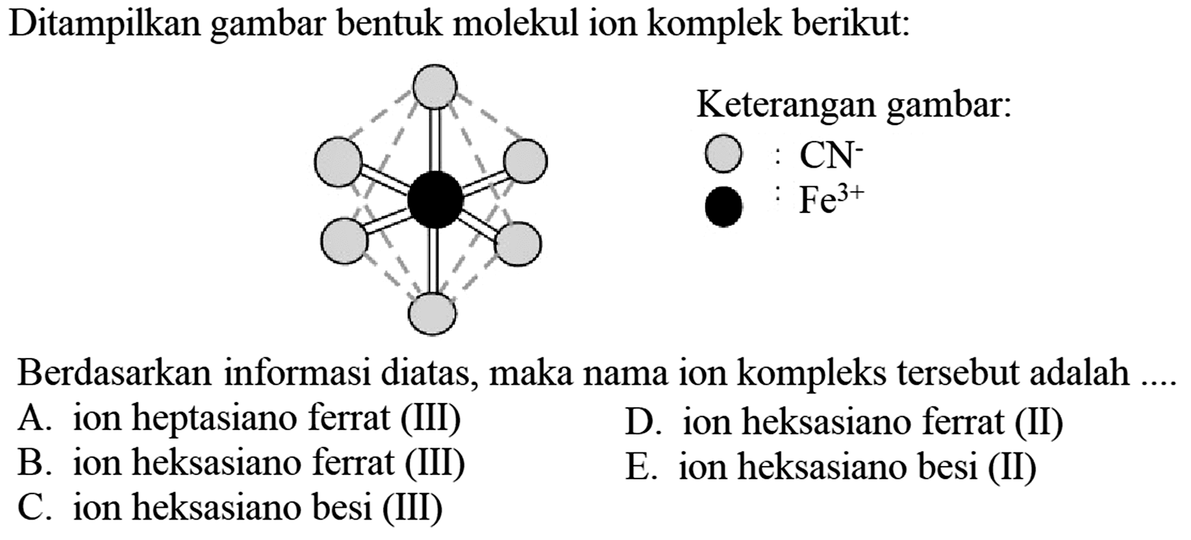 Ditampilkan gambar bentuk molekul ion komplek berikut:
Berdasarkan informasi diatas, maka nama ion kompleks tersebut adalah ....
