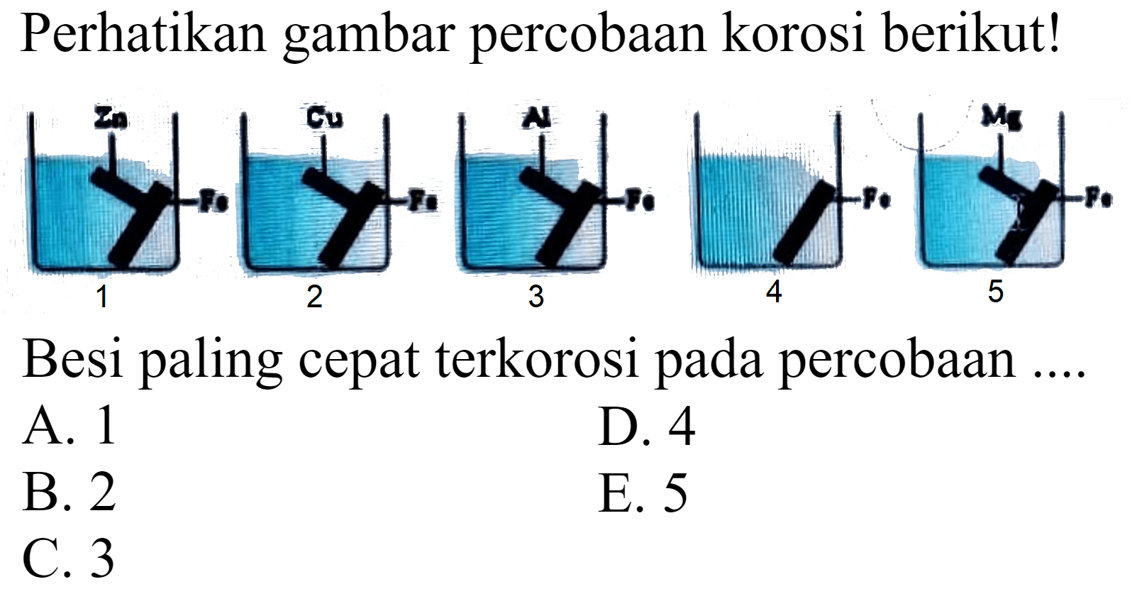 Perhatikan gambar percobaan korosi berikut! 
Zn Cu Al Mg 
Fe Fe Fe Fe Fe 
1 2 3 4 5 
Besi paling cepat terkorosi pada percobaan ....
A. 1
D. 4
B. 2
E. 5
C. 3