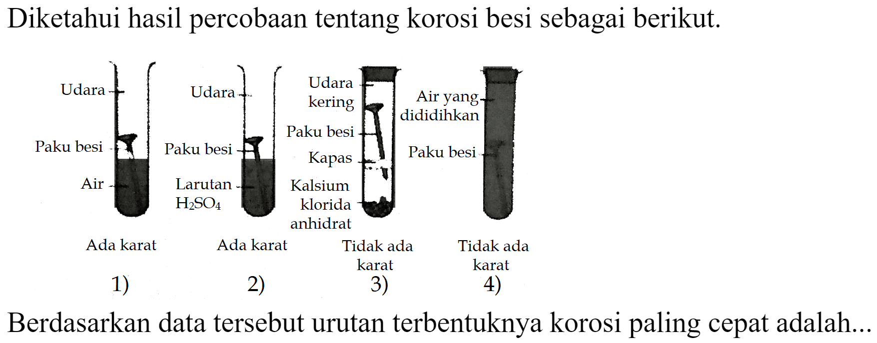 Diketahui hasil percobaan tentang korosi besi sebagai berikut.
Berdasarkan data tersebut urutan terbentuknya korosi paling cepat adalah...