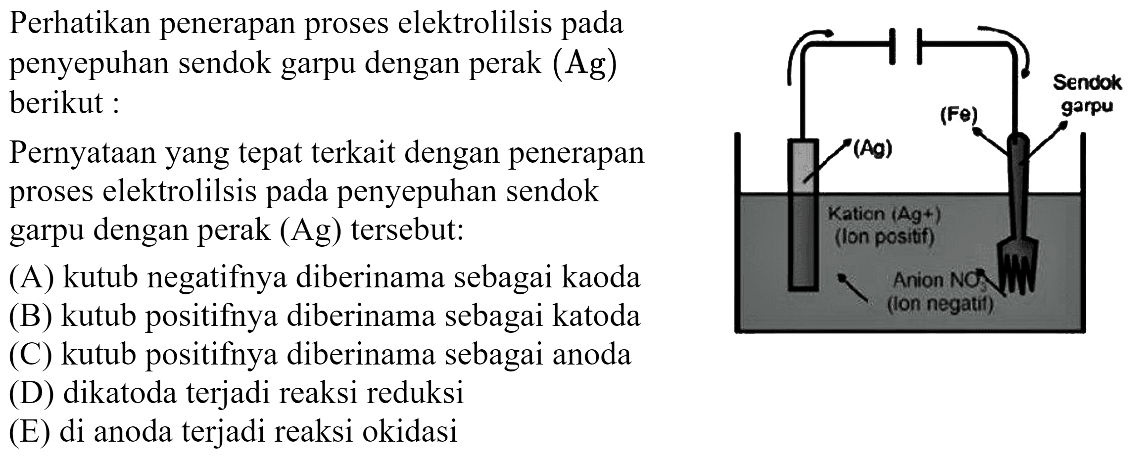 Perhatikan penerapan proses elektrolilsis pada penyepuhan sendok garpu dengan perak (  Ag)  berikut:

Pernyataan yang tepat terkait dengan penerapan proses elektrolilsis pada penyepuhan sendok garpu dengan perak (Ag) tersebut:
(A) kutub negatifnya diberinama sebagai kaoda
(B) kutub positifnya diberinama sebagai katoda
(C) kutub positifnya diberinama sebagai anoda
(D) dikatoda terjadi reaksi reduksi
(E) di anoda terjadi reaksi okidasi