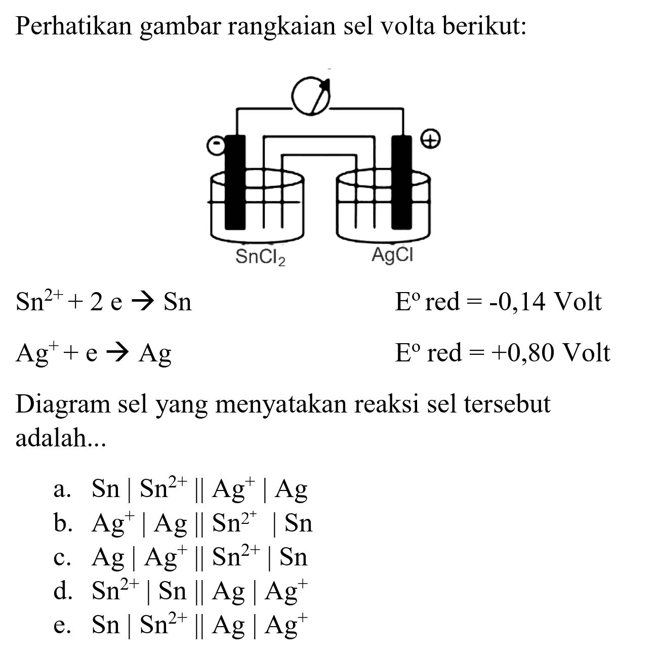 Perhatikan gambar rangkaian sel volta berikut:
SinO2 Ag2Cl
Diagram sel yang menyatakan reaksi sel tersebut adalah...
a.  Sn|Sn^(2+) | Ag^(+)| Ag 
b.  Ag^(+)|Ag | Sn^(2^(+))| Sn 
c.  Ag|Ag^(+) | Sn^(2+)| Sn 
d.  Sn^(2+)|Sn | Ag| Ag^(+) 
e.  Sn|Sn^(2+) | Ag| Ag^(+) 