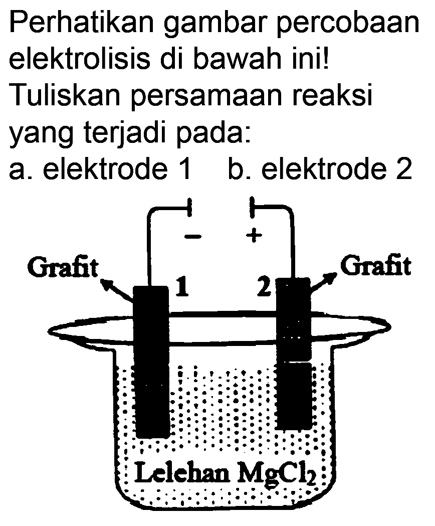 Perhatikan gambar percobaan elektrolisis di bawah ini! Tuliskan persamaan reaksi yang terjadi pada:
a. elektrode 1 b. elektrode 2