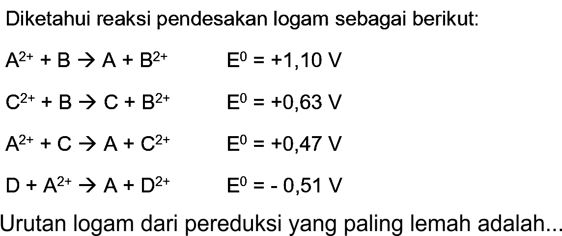 Diketahui reaksi pendesakan logam sebagai berikut:


A^(2+)+B -> A+B^(2+)  E^(0)=+1,10 V 
C^(2+)+B -> C+B^(2+)  E^(0)=+0,63 V 
A^(2+)+C -> A+C^(2+)  E^(0)=+0,47 V 
D+A^(2+) -> A+D^(2+)  E^(0)=-0,51 V


Urutan logam dari pereduksi yang paling lemah adalah..