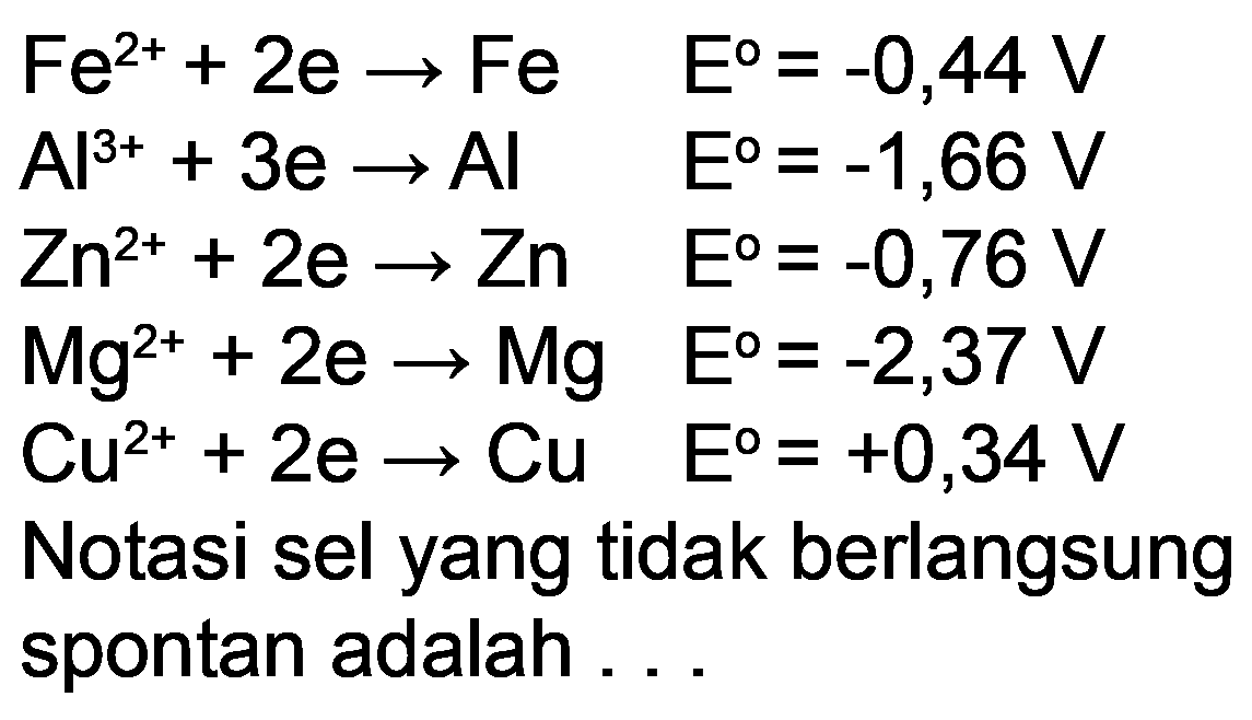 Fe^(2+)+2 e -> Fe  E=-0,44 V  Al^(3+)+3 e -> Al  E=-1,66 V  Zn^(2+)+2 e -> Zn  E=-0,76 V  Mg^(2+)+2 e -> Mg  E=-2,37 V  Cu^(2+)+2 e -> Cu  E=+0,34 V   { Notasi sel yang tidak berlangsung )   { spontan adalah ... )