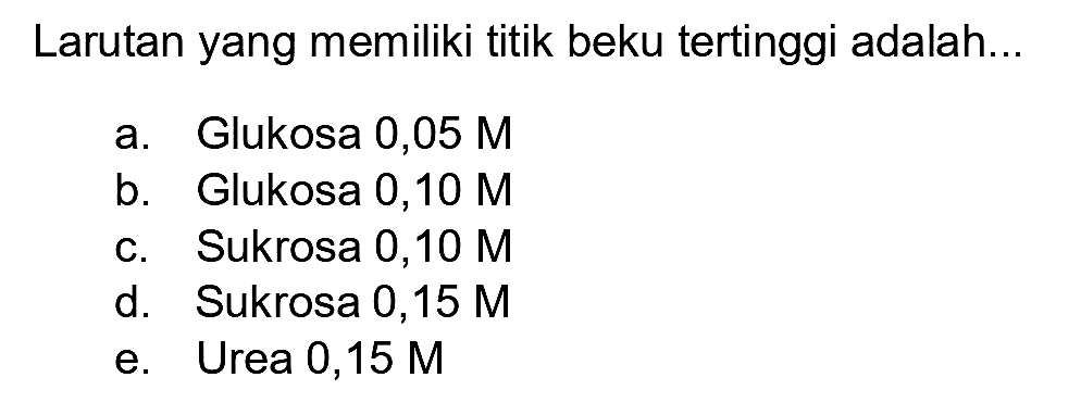 Larutan yang memiliki titik beku tertinggi adalah...
a. Glukosa 0,05 M
b. Glukosa 0,10 M
c. Sukrosa 0,10 M
d. Suksorda 0,15 M
e. Urea 0,15 M