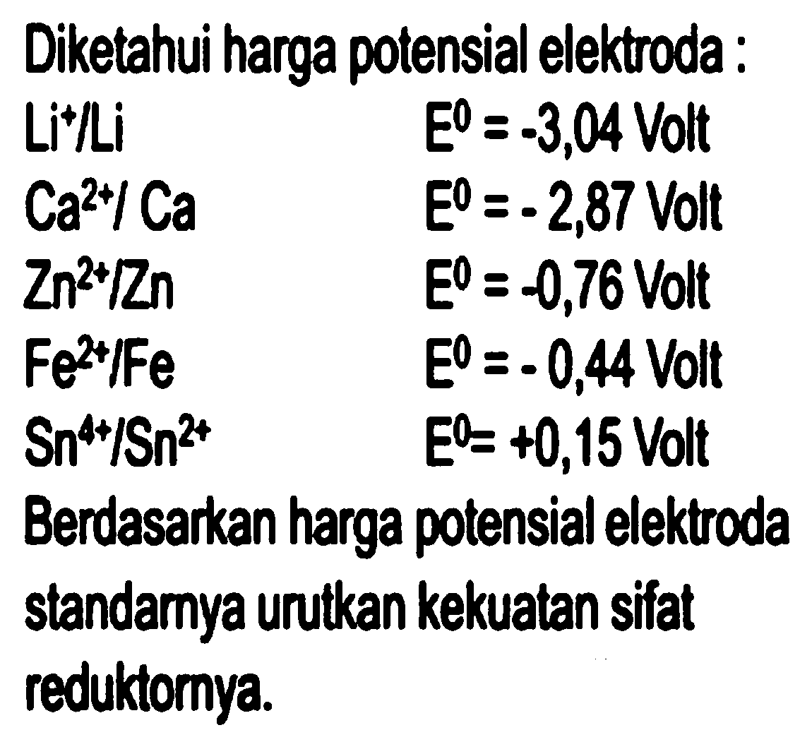 Diketahui harga potensial elektroda:
 Li^(+) / Li  E^(0)=-3,04  Volt
 Ca^(2+) / Ca  E^(0)=-2,87 Volt 
 Zn^(2+) / Zn  E^(0)=-0,76  Volt
 Fe^(2+) / Fe  E^(0)=-0,44  { Volt )  Sn^(4+/ Sn^(2+))  E^(0)=+0,15 Voll 
 E^(0)=+0,15  Volt Berdasarkan harga potensial elektroda
standarnya urutkan kekuatan sifat
reduktornya.