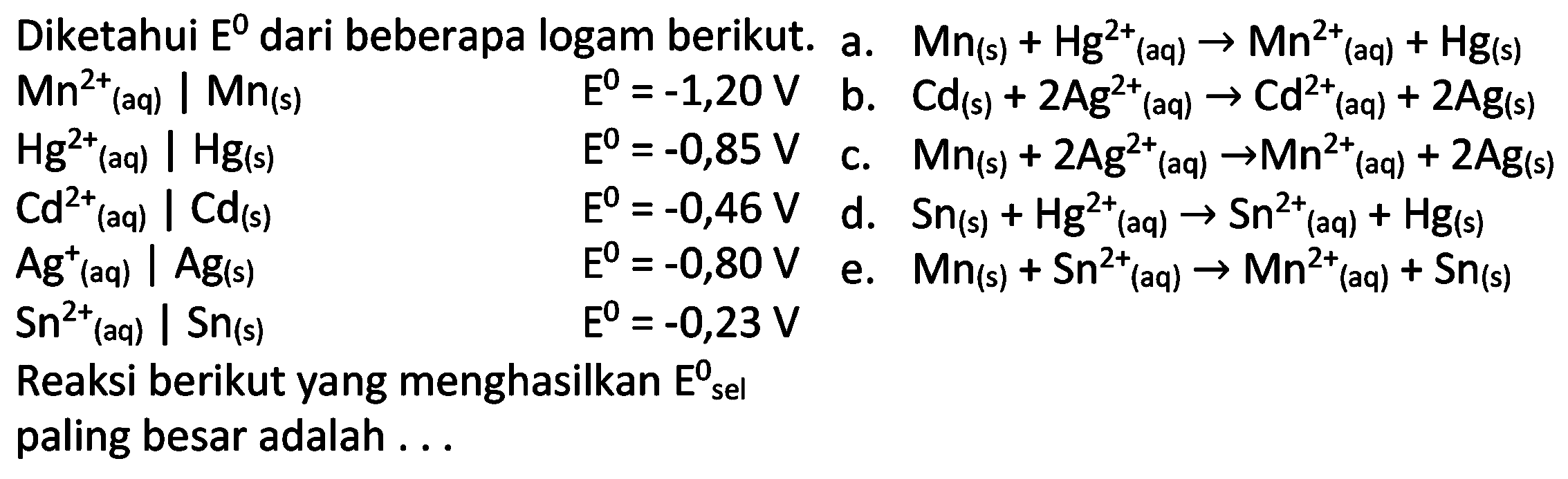 Diketahui E dari beberapa logam berikut. 
Mn^2+(aq) | Mn(s) E=-120V
Hg^2+(aq) | Hg(s) E=-0,85 V
Cd^2+(aq) | Cd(s) E=-0,46 V
Ag^+(aq) | Ag(s) E=0,80 V
Sn^2+(aq) | Sn(s) E=-0,23 V
Reaksi berikut yang menghasilkan E sel paling besar adalah ...
