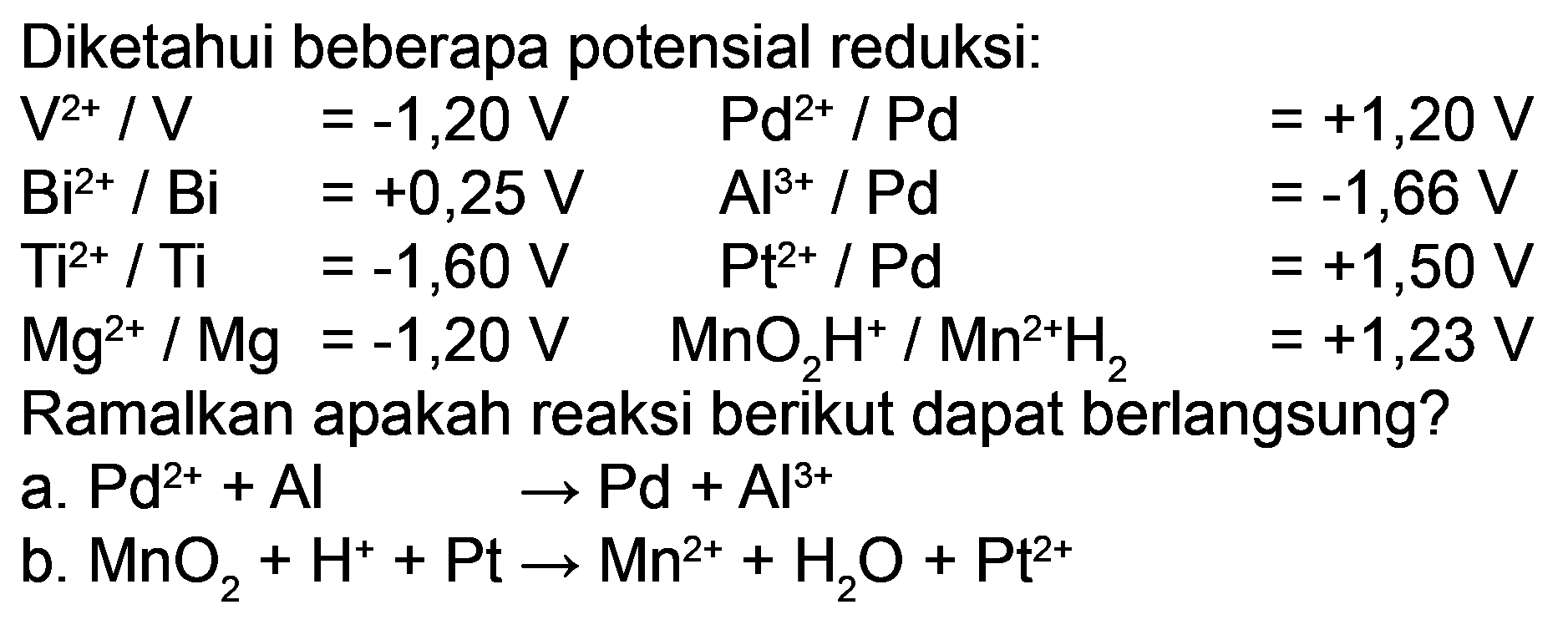 Diketahui beberapa potensial reduksi:
Ramalkan apakah reaksi berikut dapat berlangsung?
a.  Pd^(2+)+Al 
 -> Pd+Al^(3+) 
b.  MnO_(2)+H^(+)+Pt -> Mn^(2+)+H_(2) O+Pt^(2+) 