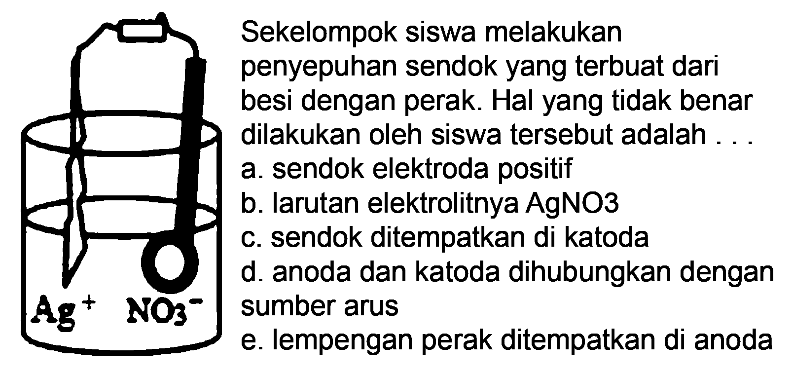 Sekelompok siswa melakukan penyepuhan sendok yang terbuat dari besi dengan perak. Hal yang tidak benar dilakukan oleh siswa tersebut adalah ...
