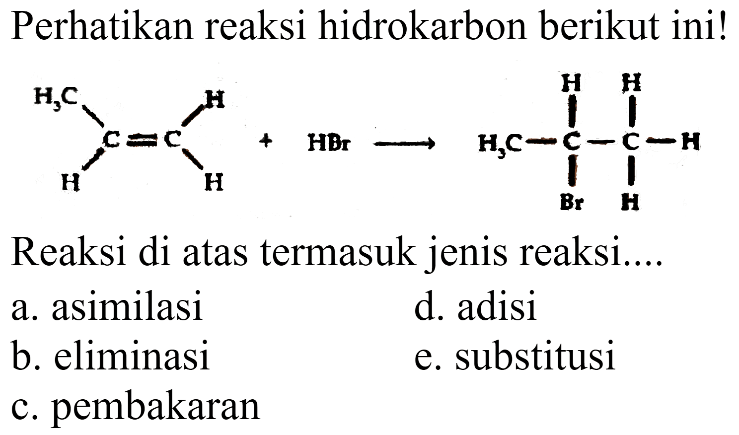 Perhatikan reaksi hidrokarbon berikut ini!
H3C - C = C - H 
H H 
+ HBr -> 
H H 
| | 
H3C - C - C - H 
| | 
Br H

Reaksi di atas termasuk jenis reaksi...