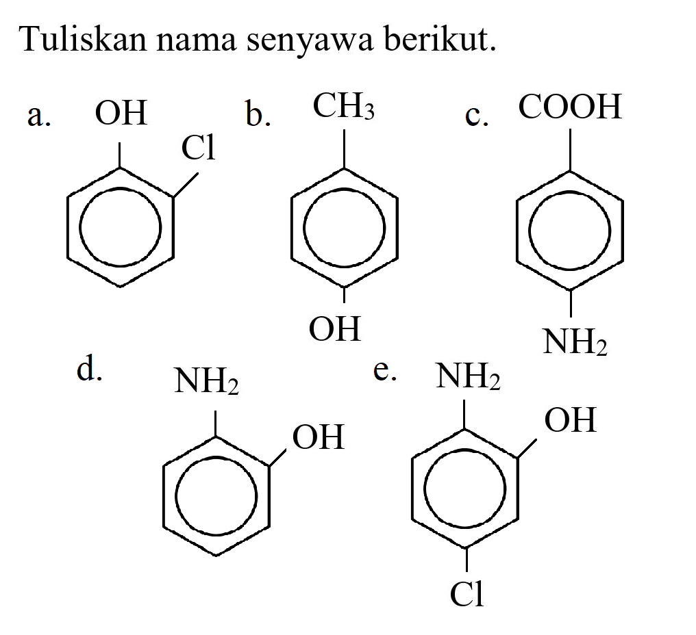 Tuliskan nama senyawa berikut.
a. OH Cl
b. CH3 OH
c. COOH NH2
d. NH2 OH
e. NH2 OH Cl