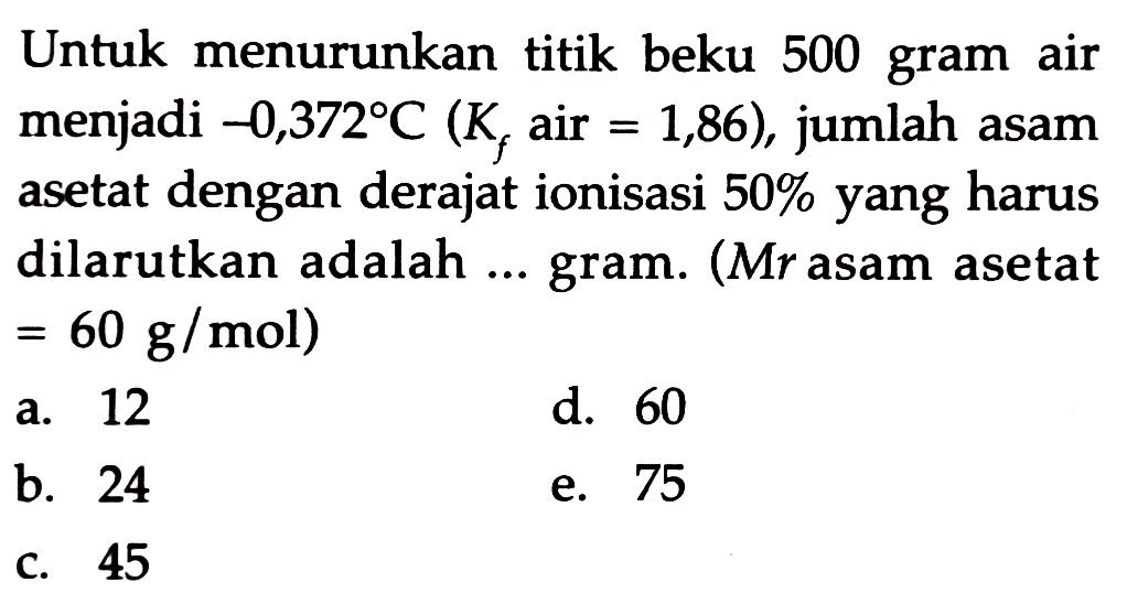 Untuk menurunkan titik beku 500 gram air menjadi -0,372 C (Kf air=1,86), jumlah asam asetat dengan derajat ionisasi 50% yang harus dilarutkan adalah ... gram. (Mr asam asetat =60 g/mol)