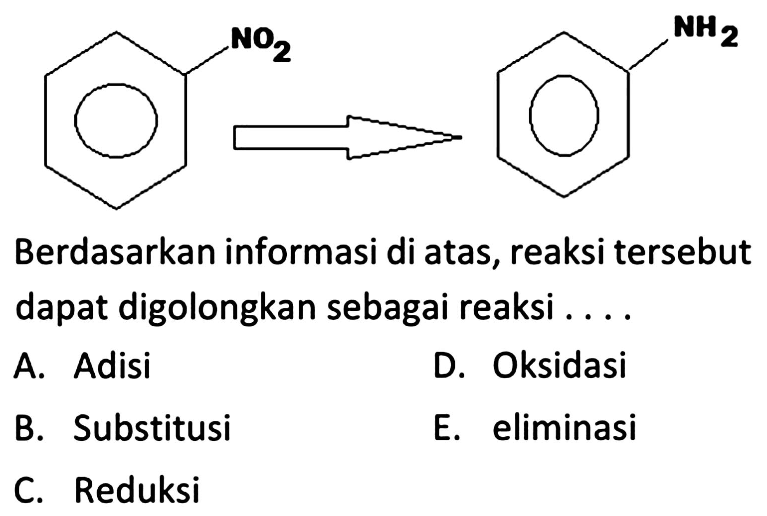 NO2 = > NH2 Berdasarkan informasi di atas, reaksi tersebut dapat digolongkan sebagai reaksi ....