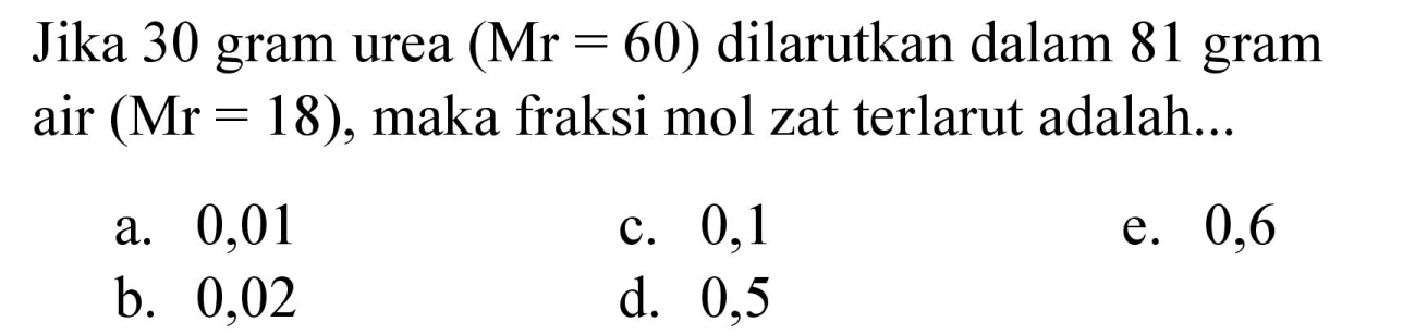 Jika 30 gram urea  (Mr=60)  dilarutkan dalam 81 gram air  (Mr=18) , maka fraksi mol zat terlarut adalah...
