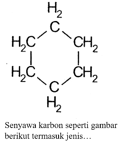 CH2 - CH2 - CH2 - CH2 - CH2 - CH2 
Senyawa karbon seperti gambar berikut termasuk jenis...