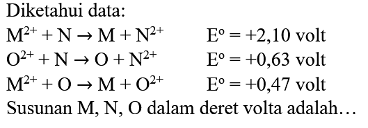 Diketahui data:


M^(2+)+N -> M+N^(2+)  E^(o)=+2,10  { volt ) 
O^(2+)+N -> O+N^(2+)  E^(o)=+0,63  { volt ) 
M^(2+)+O -> M+O^(2+)  E^(o)=+0,47  { volt )


Susunan M, N, O dalam deret volta adalah...