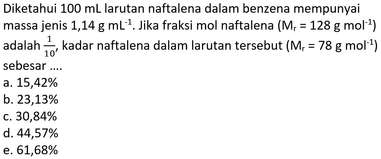 Diketahui  100 ~mL  larutan naftalena dalam benzena mempunyai massa jenis  1,14 ~g ~mL^(-1) . Jika fraksi mol naftalena  (M_(r)=128 ~g ~mol^(-1))  adalah  (1)/(10) , kadar naftalena dalam larutan tersebut  (M_(r)=78 ~g ~mol^(-1))  sebesar ....
a.  15,42 % 
b.  23,13 % 
c.  30,84 % 
d.  44,57 % 
e.  61,68 % 