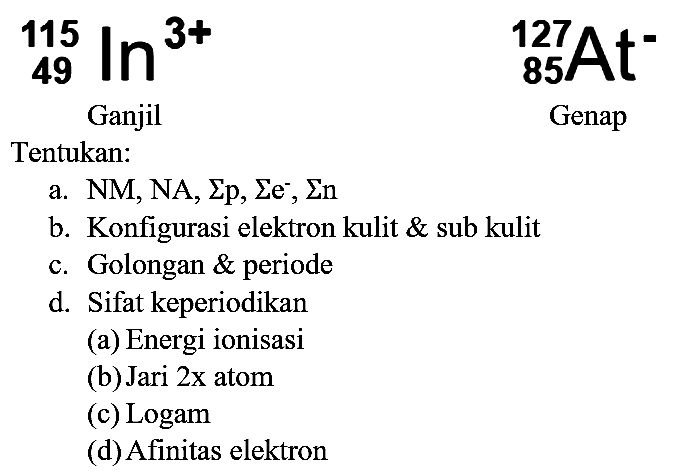  { )_(49)^(115) ln ^(3+) 
 { )_(85)^(127) At^(-) 
Ganjil
Genap
Tentukan:
a. NM, NA,  Sigma p, Sigma e^(-), Sigma n 
b. Konfigurasi elektron kulit  sub kulit
c. Golongan  periode
d. Sifat keperiodikan
(a) Energi ionisasi
(b) Jari  2 x  atom
(c) Logam
(d) Afinitas elektron